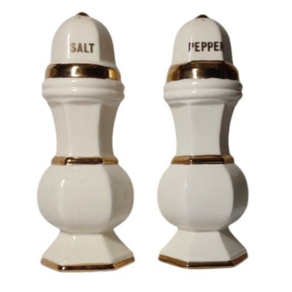 Elegant Cream and Gold Trimmed Salt and Pepper Shakers ceramic